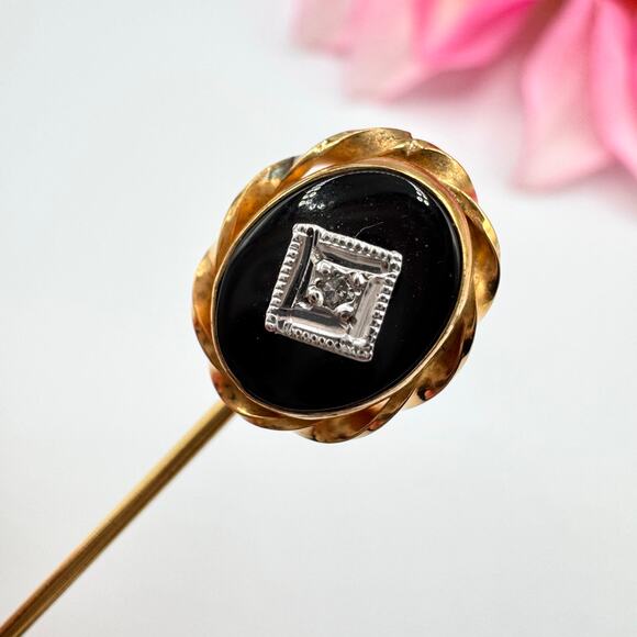 Vintage Diamond And Onyx? Stick Pin Gold Tone Goth Romantic Mourning Art Deco - Picture 1 of 10